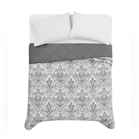 SEASONS Alternative Down Diamond Quilted Reversible Comforter Gray Floral Queen